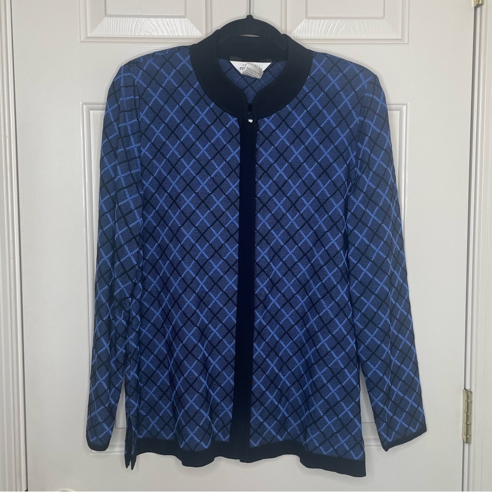 Exclusively Misook Blue Black Diamond Print Zip Up Jacket Cardigan Large